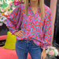 Abstract Floral Button Up Long Puff Sleeve Shirt