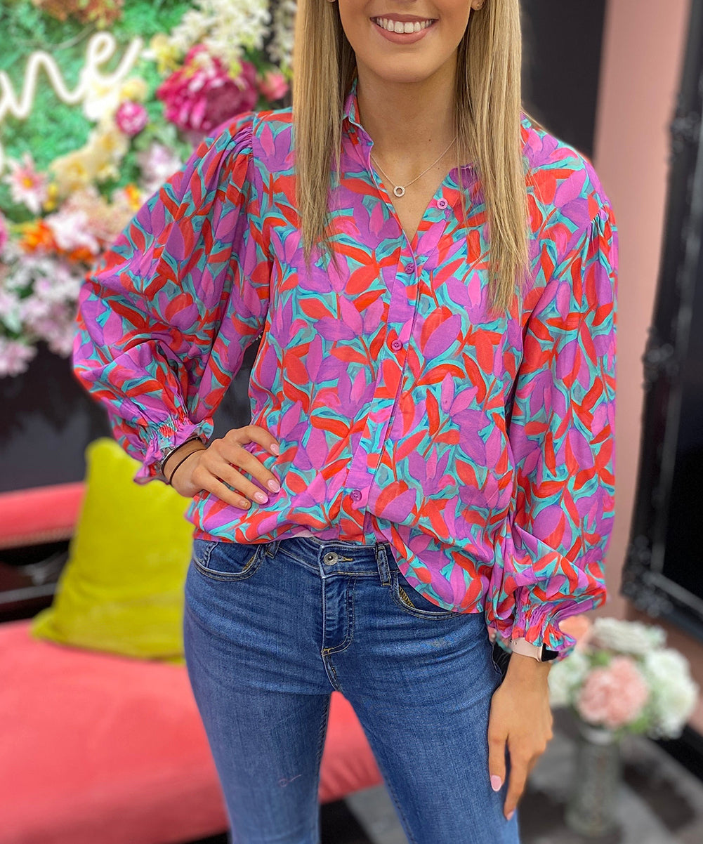 Abstract Floral Button Up Long Puff Sleeve Shirt