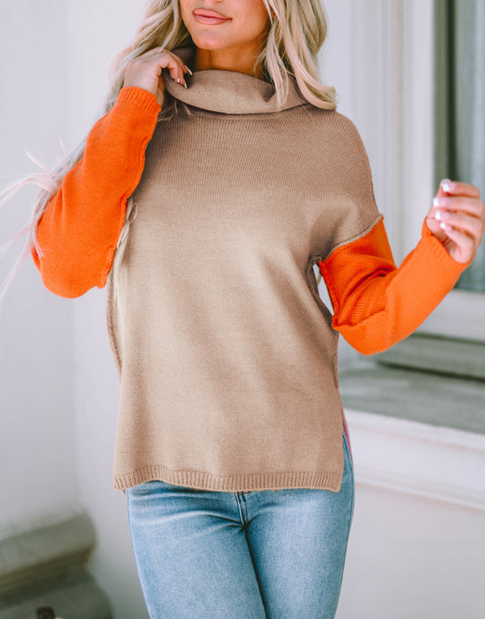 Color Block Turtle Neck Drop Shoulder Knit Sweater