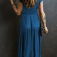 Short Sleeve Shirred High Waist V Neck Maxi Dress