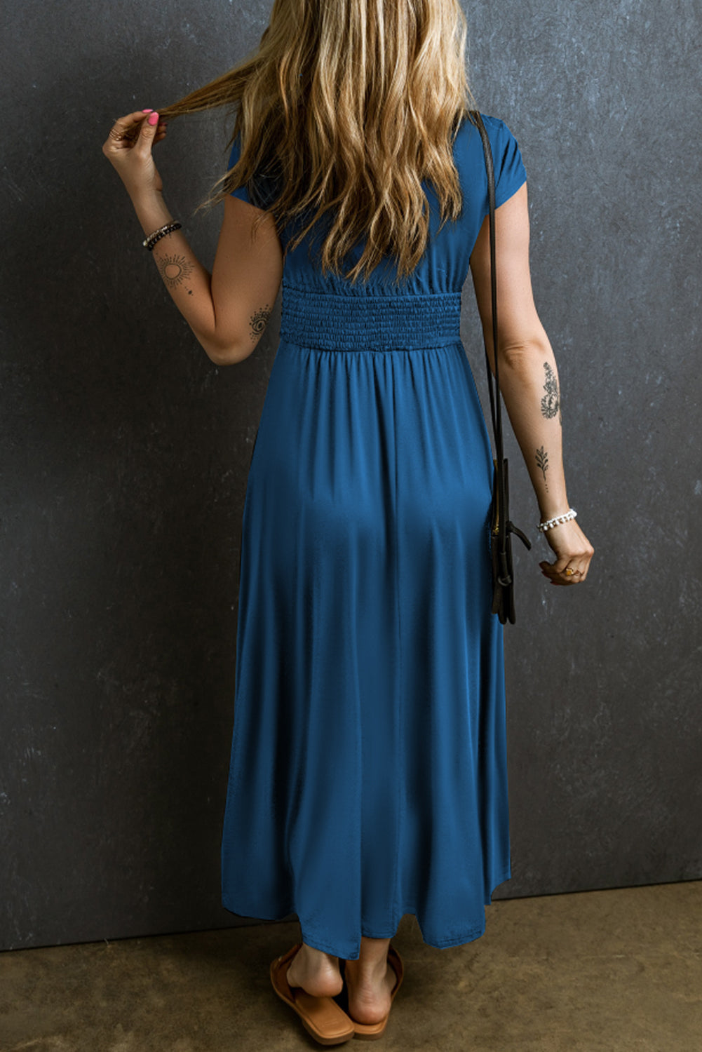 Short Sleeve Shirred High Waist V Neck Maxi Dress