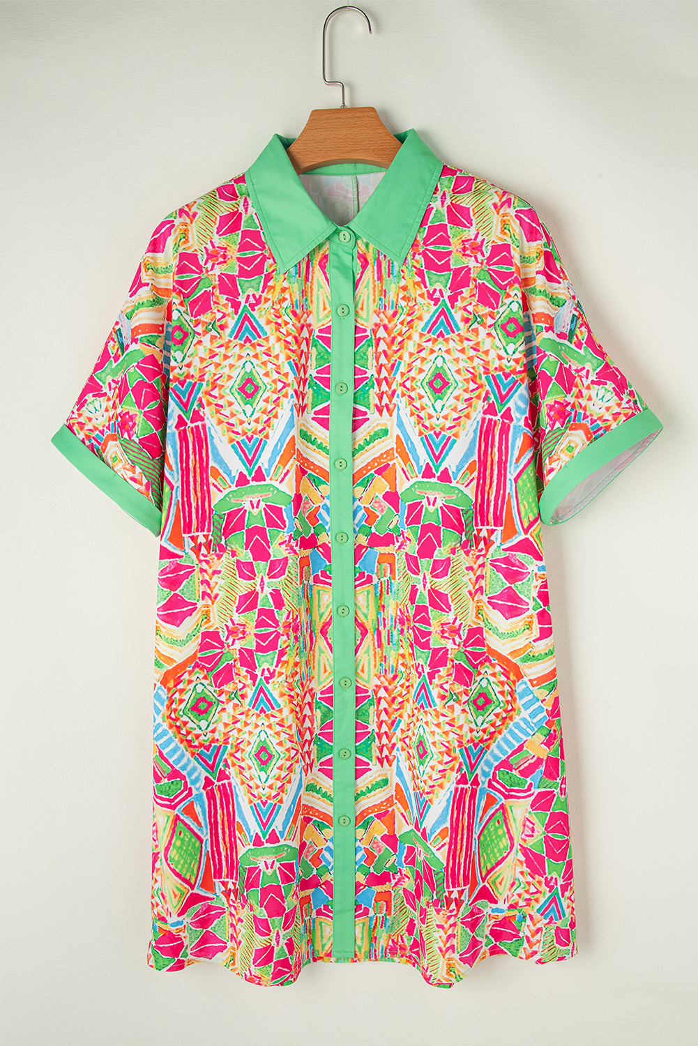 Geometric Print Contrast Short Sleeve Shirt Dress