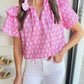 Vintage Floral Ruffled Split Neck Short Sleeve Blouse