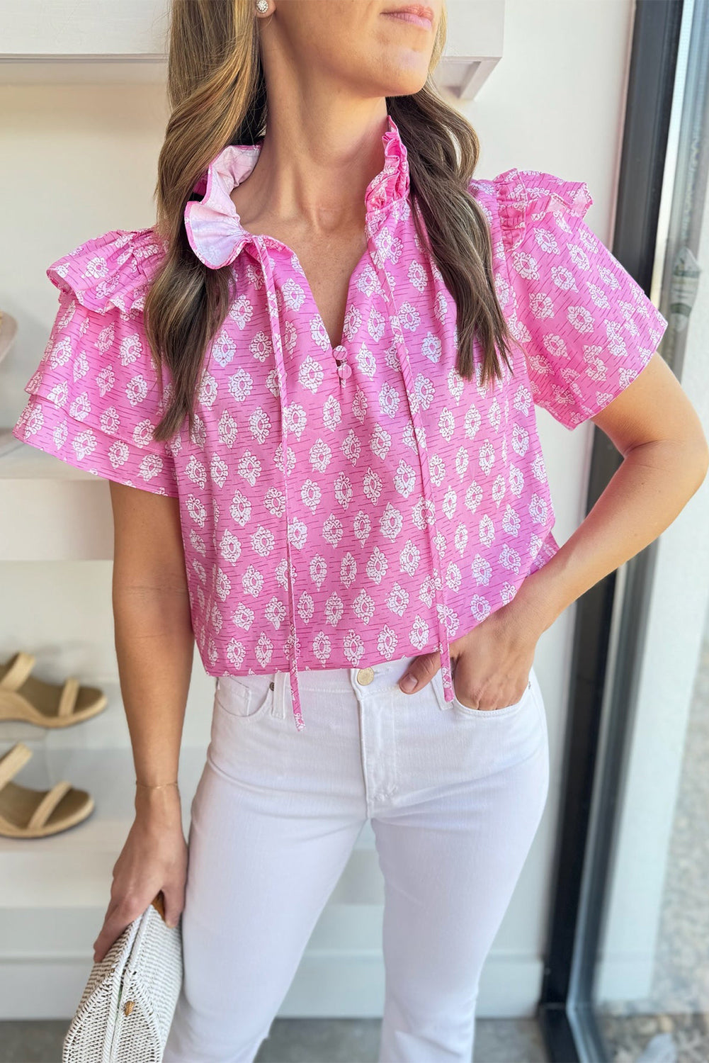 Vintage Floral Ruffled Split Neck Short Sleeve Blouse