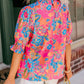 Frilly Mock Neck Short Puff Sleeve Floral Blouse