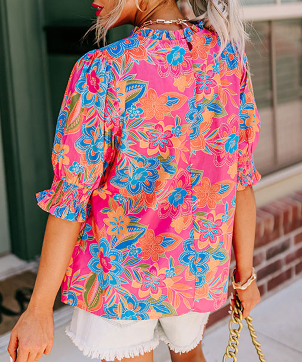 Frilly Mock Neck Short Puff Sleeve Floral Blouse