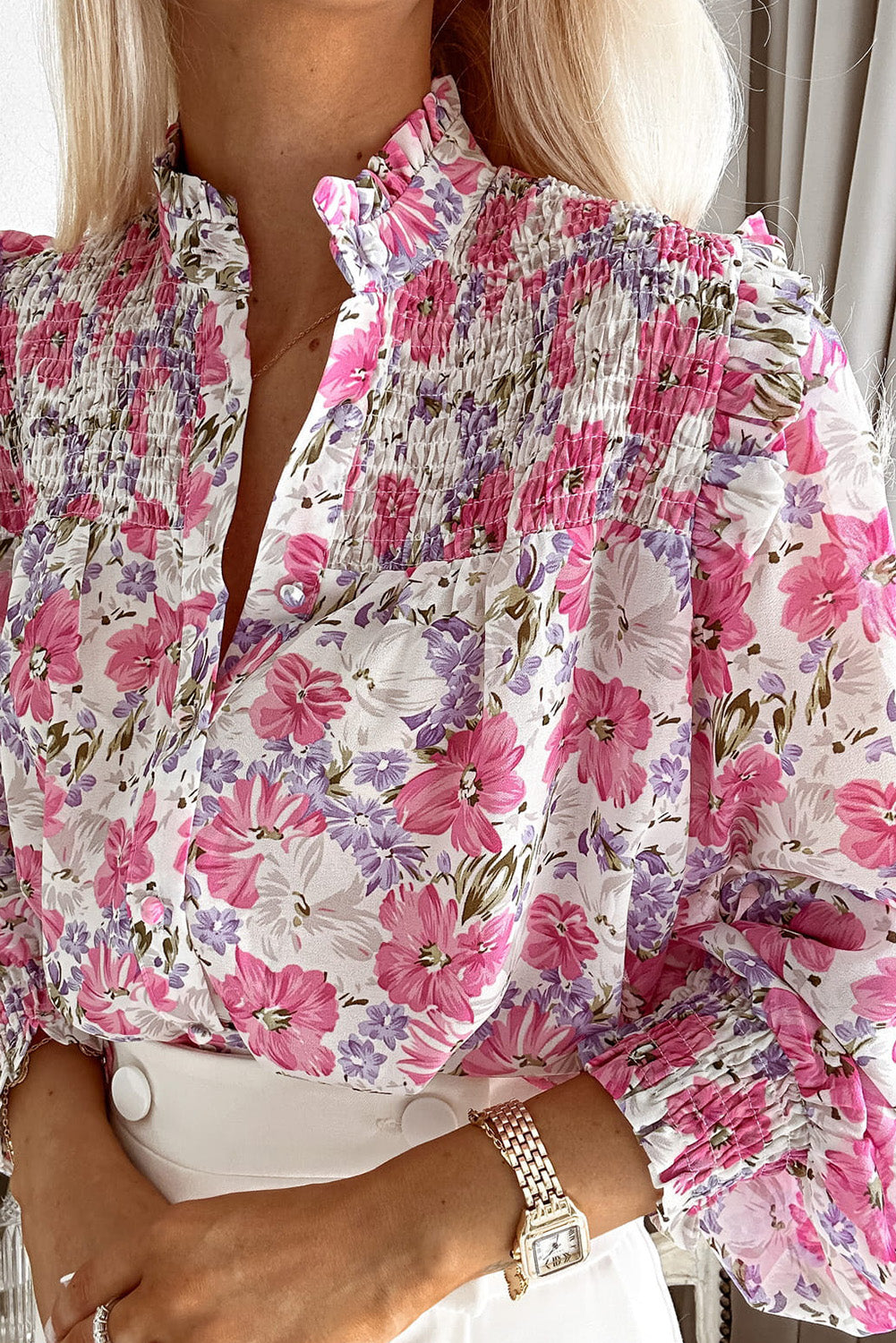 Frilled Collar Shirred Yoke Floral Bubble Sleeve Shirt