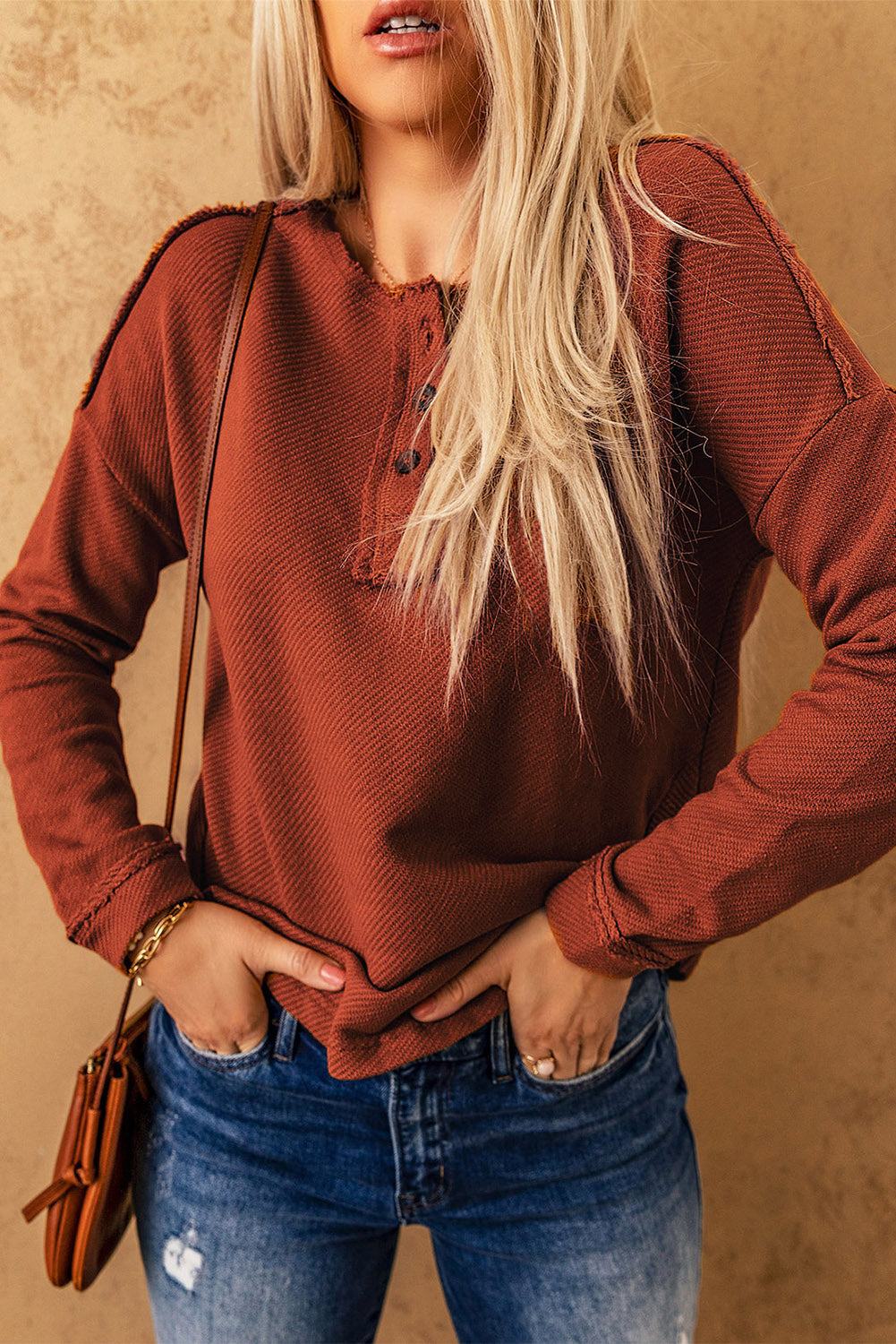 Seamed Buttoned Drop Shoulder Henley Top