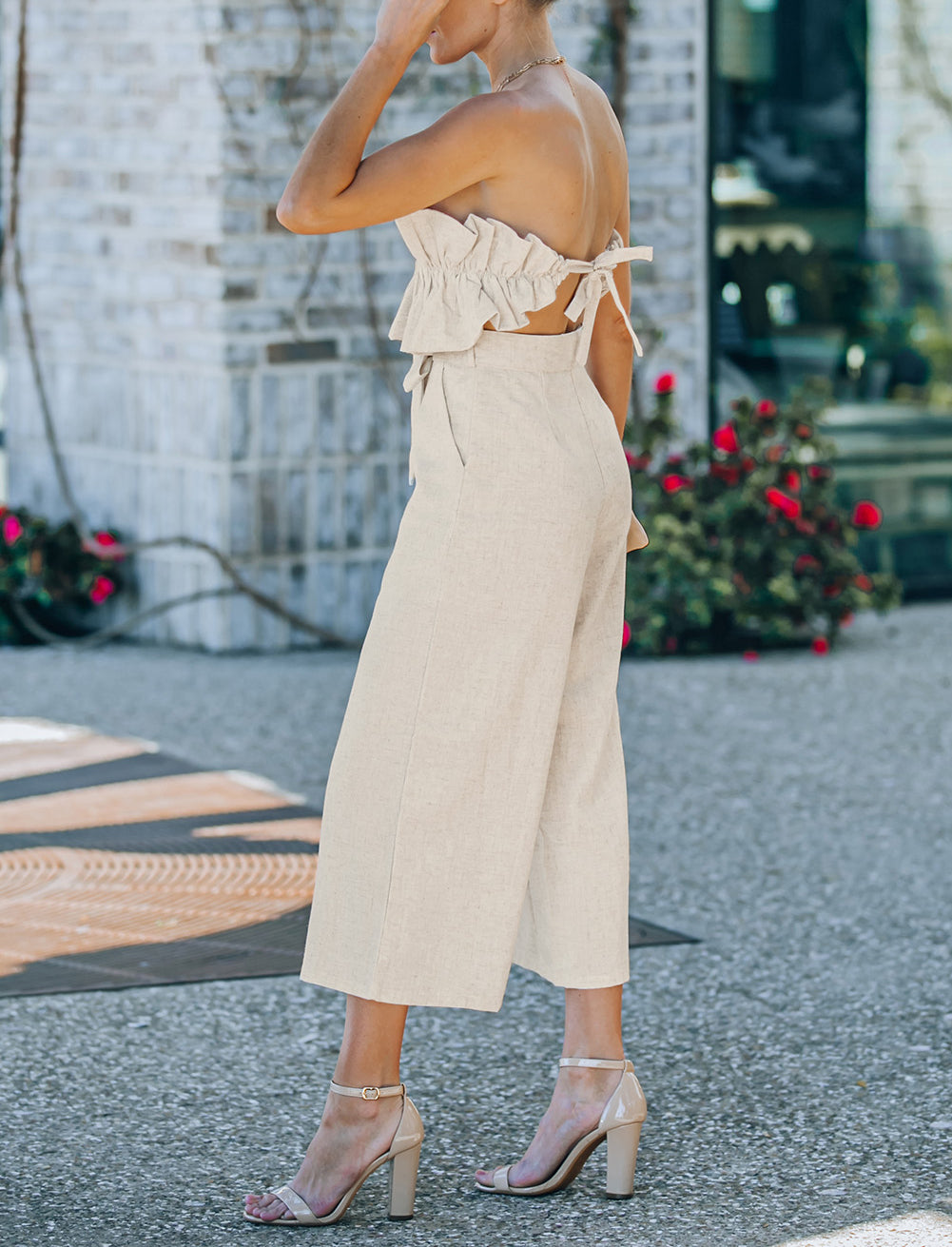 Beige Ruffled Strapless Wide Leg Jumpsuit