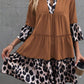 Leopard Trim V Neck Ruffled Sleeve Flared Dress