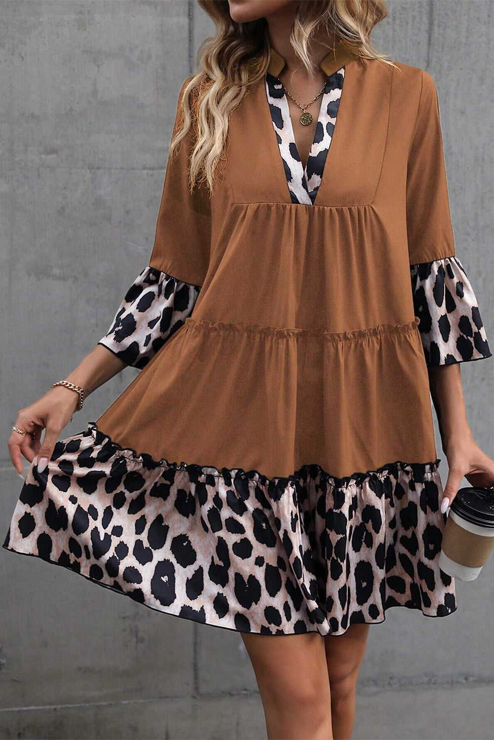 Leopard Trim V Neck Ruffled Sleeve Flared Dress