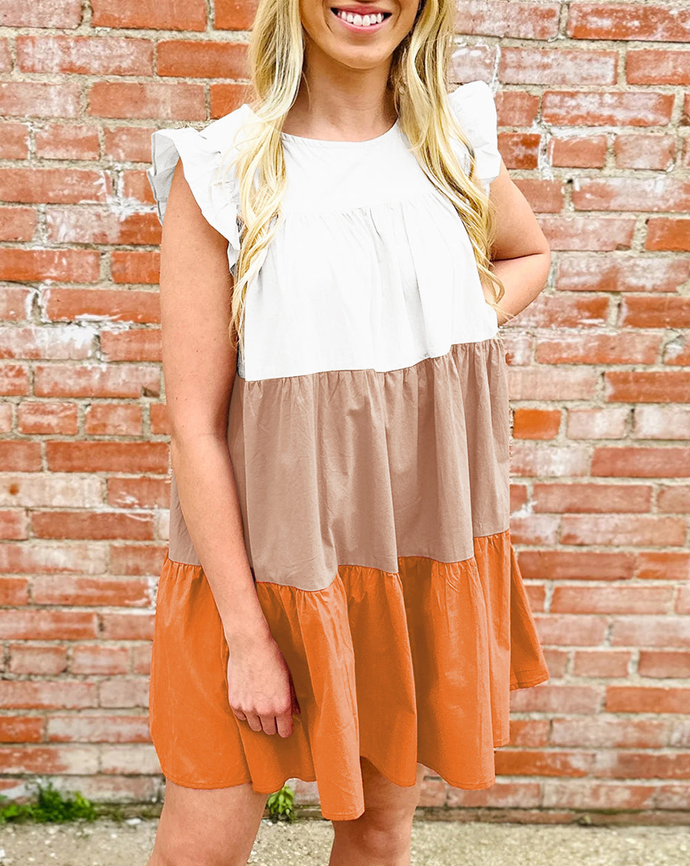Colorblock Patchwork Ruffled Cap Sleeve Tiered Dress
