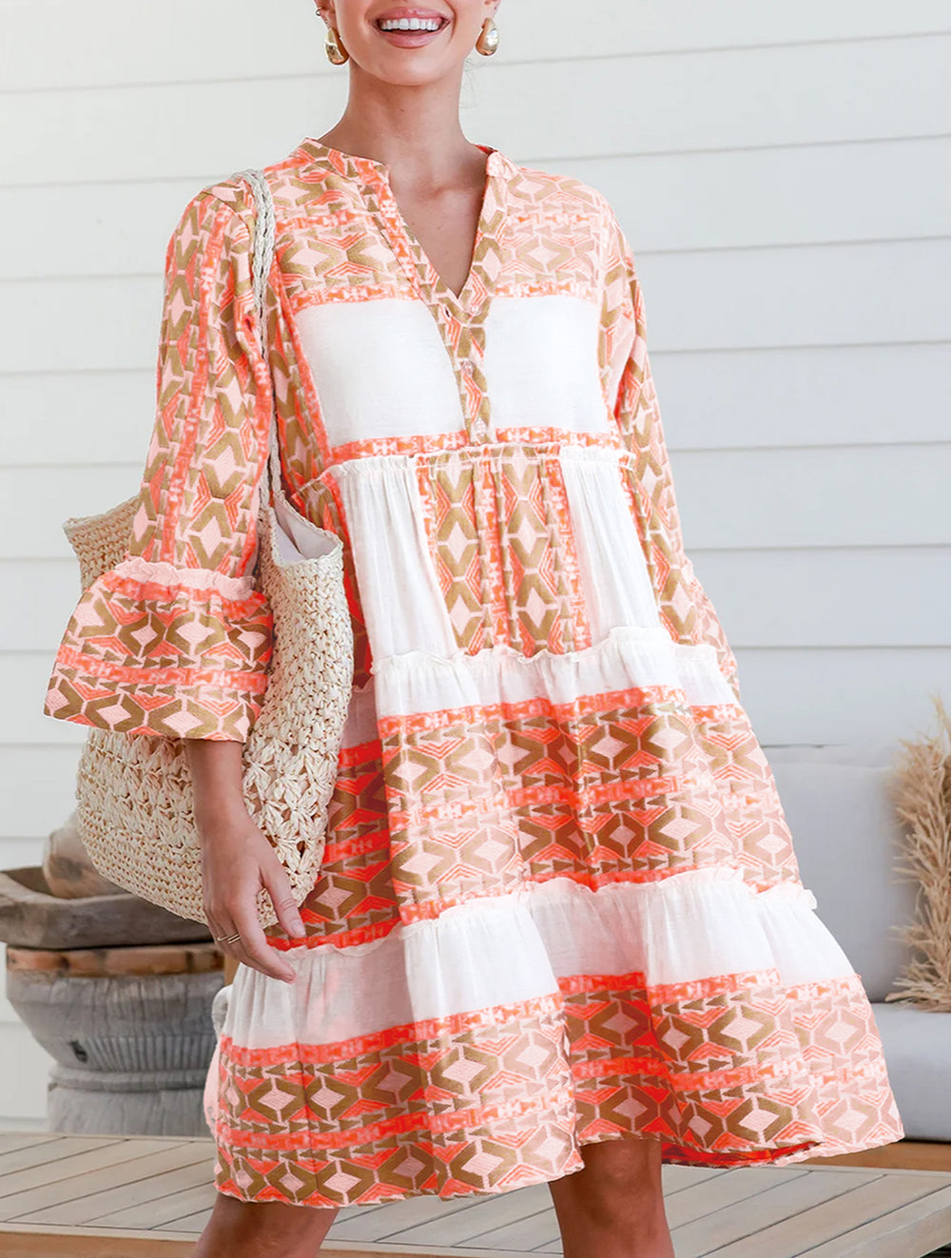 Geometric Print Ruffle Tiered Button V Neck Dress