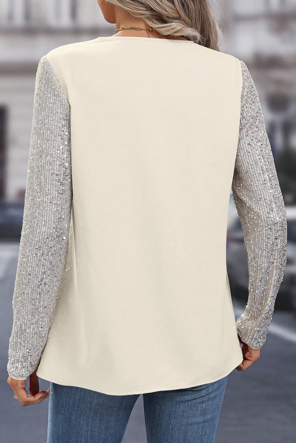 Sequined Sleeves Patchwork V Neck Blouse