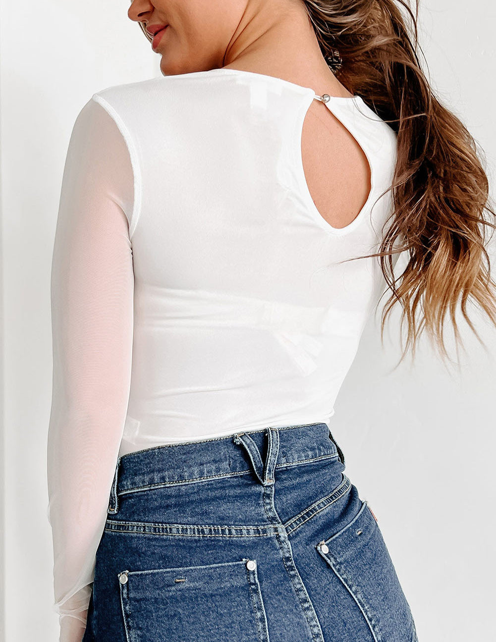 Mesh Splicing Back Cutout Long Sleeve Bodysuit