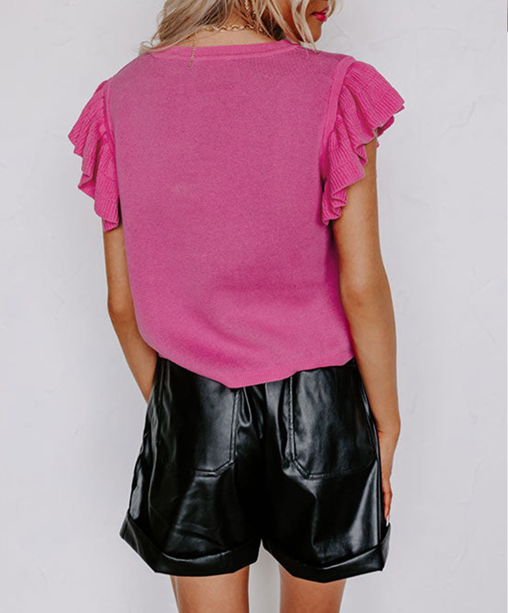 Leopard Ruffled Sleeve Round Neck Knit Sweater