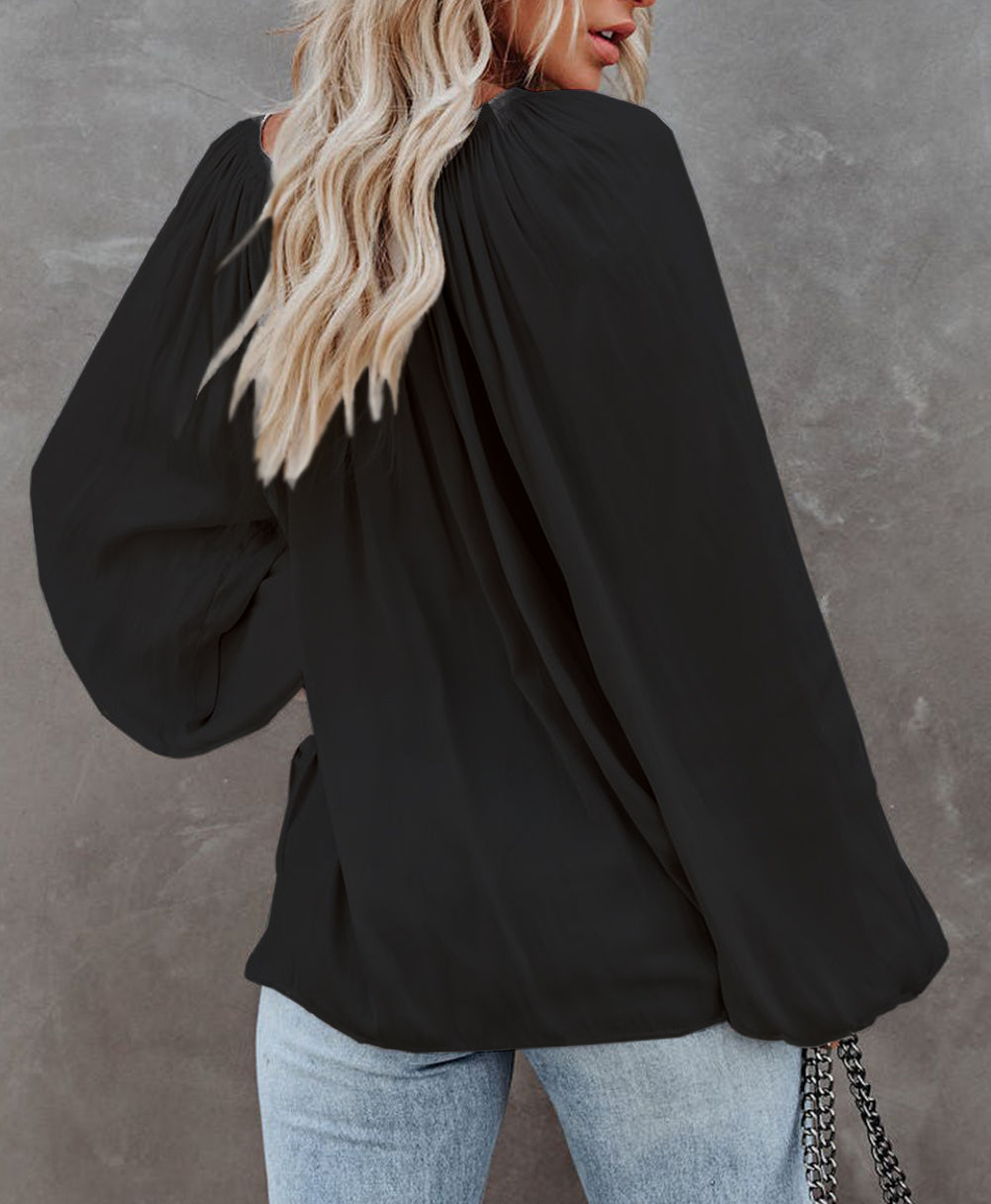 Tie V Neck Pleated Puff Sleeve Satin Blouse