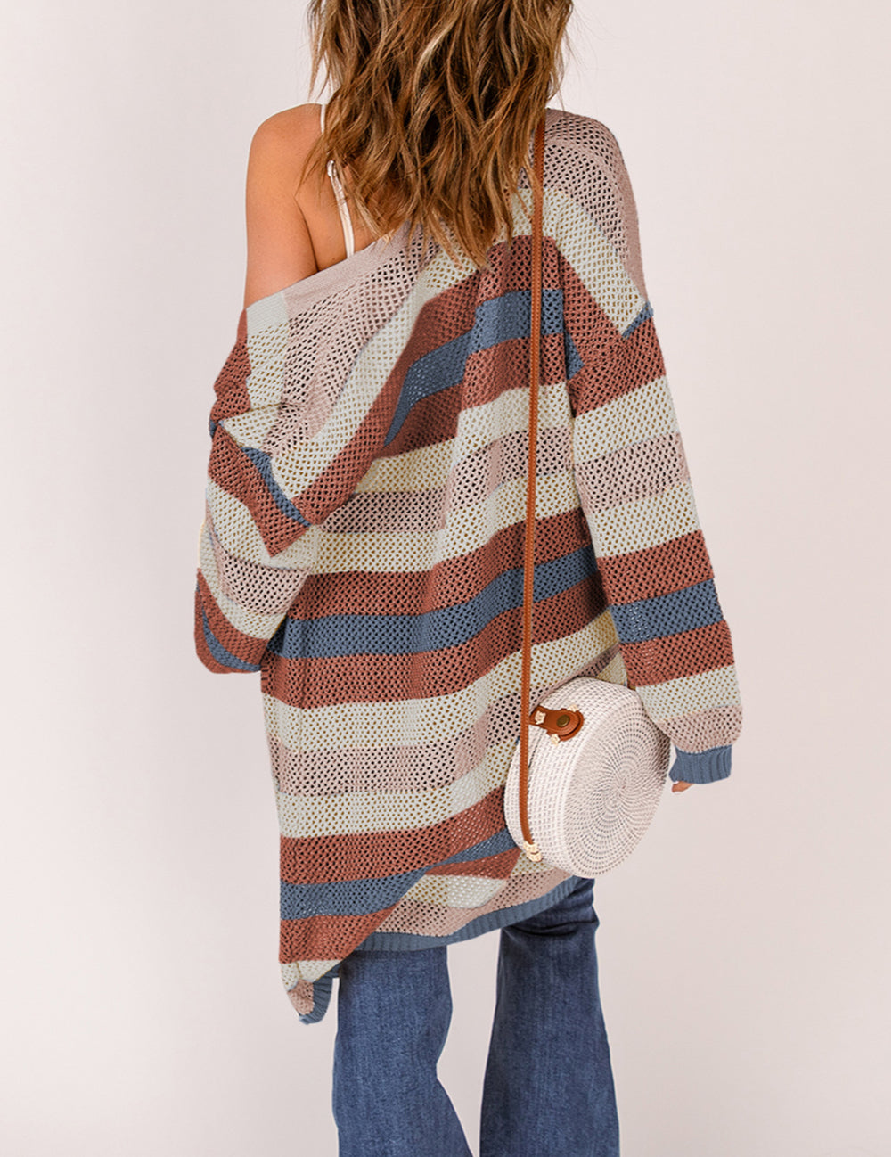 Striped Color Block Hollowed Knit Cardigan