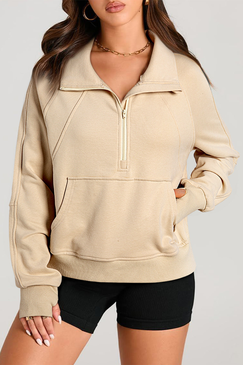 Zip Stand Neck Kangaroo Pocket Sweatshirt