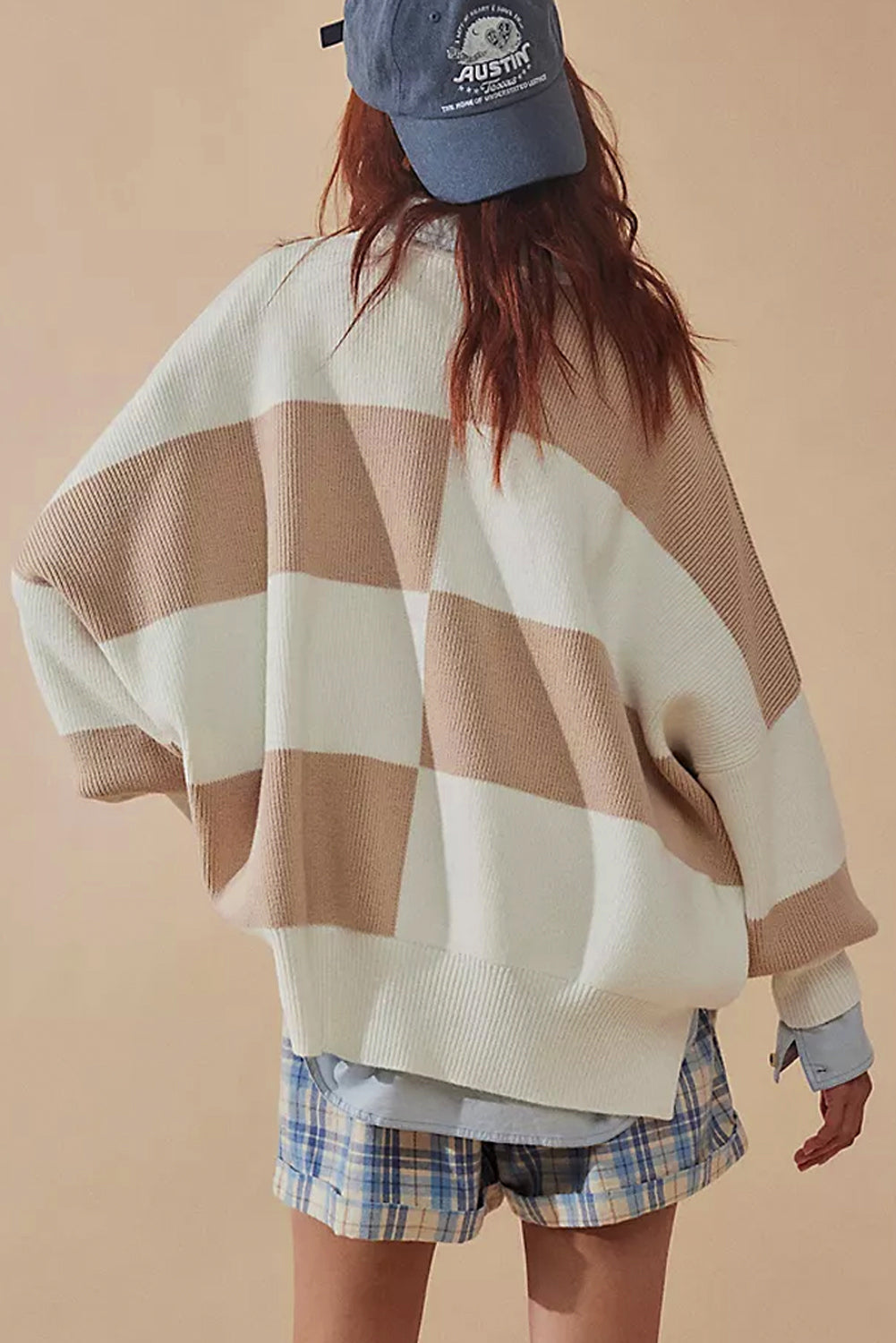 Checkered Side Slits Drop Shoulder Oversized Sweater