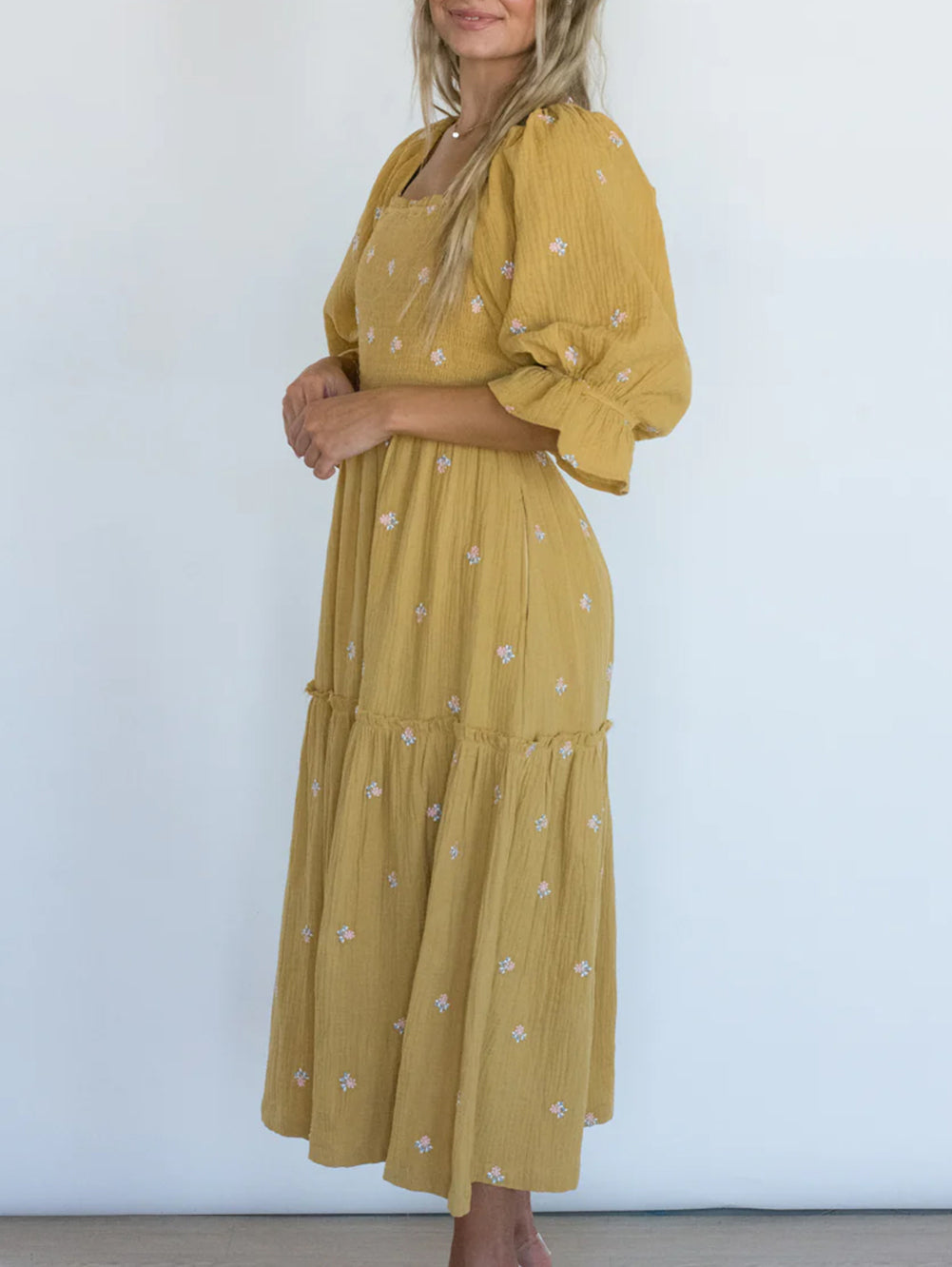 Printed Boho Ruffled Bracelet Sleeve Smocked Textured Midi Dress