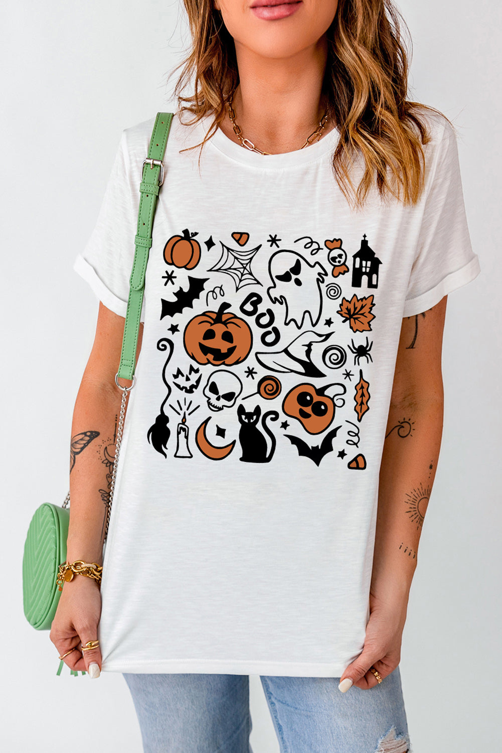 Pumpkin Ghost Print Halloween Crewneck T Shirt
