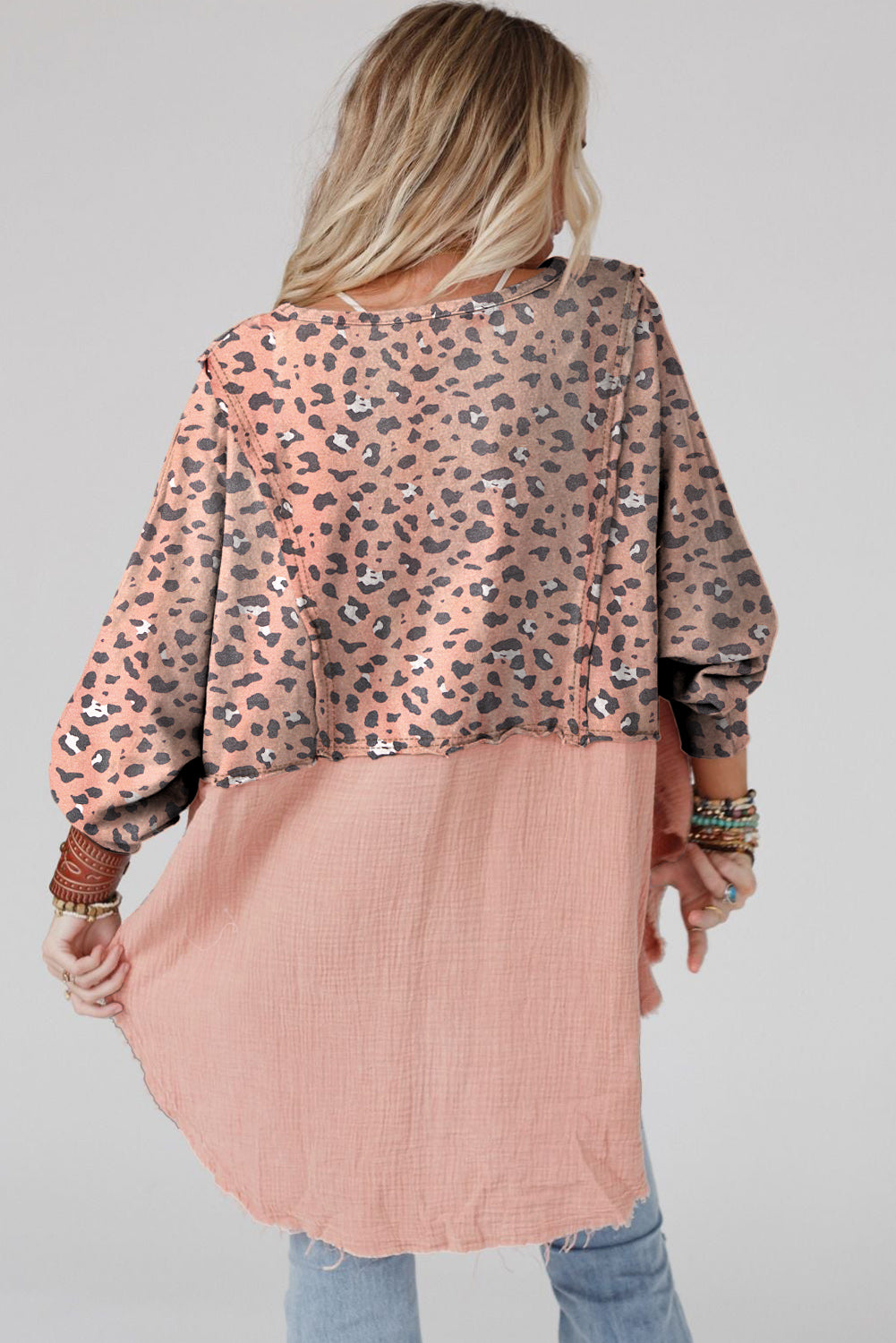 Raw Edge Leopard Patchwork Oversized Blouse