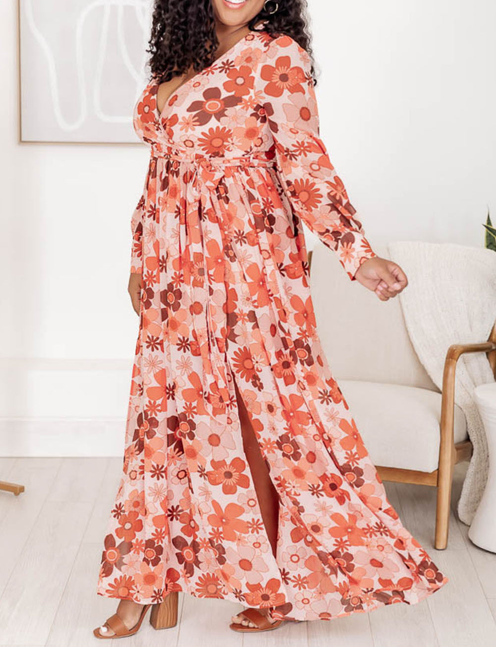 Plus Size Floral Print V Neck Wrap Side Slit Maxi Dress