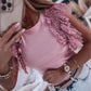 Pink Sequined Ruffle Mesh Sleeves Top