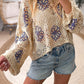 Flower Print Eyelet Drop Shoulder Sweater