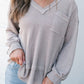 Raw Edge Detail Waffle Knit V Neck Top