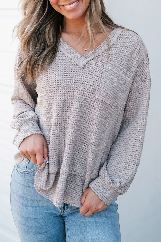 Raw Edge Detail Waffle Knit V Neck Top