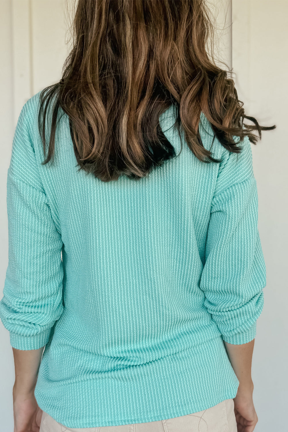 Solid Color Corded Knit Round Neck Top