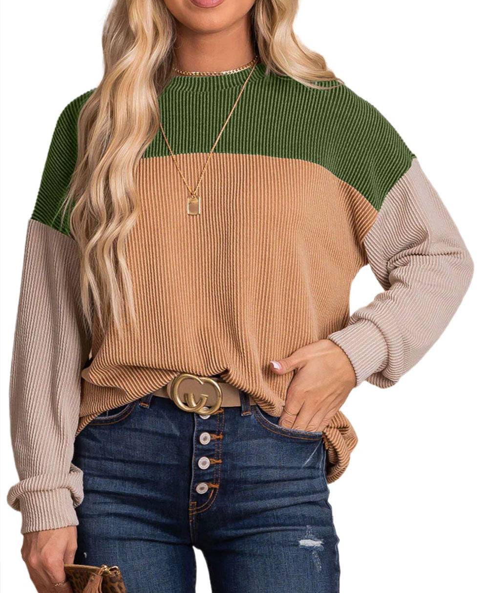 Color Block Long Sleeve Ribbed Loose Top