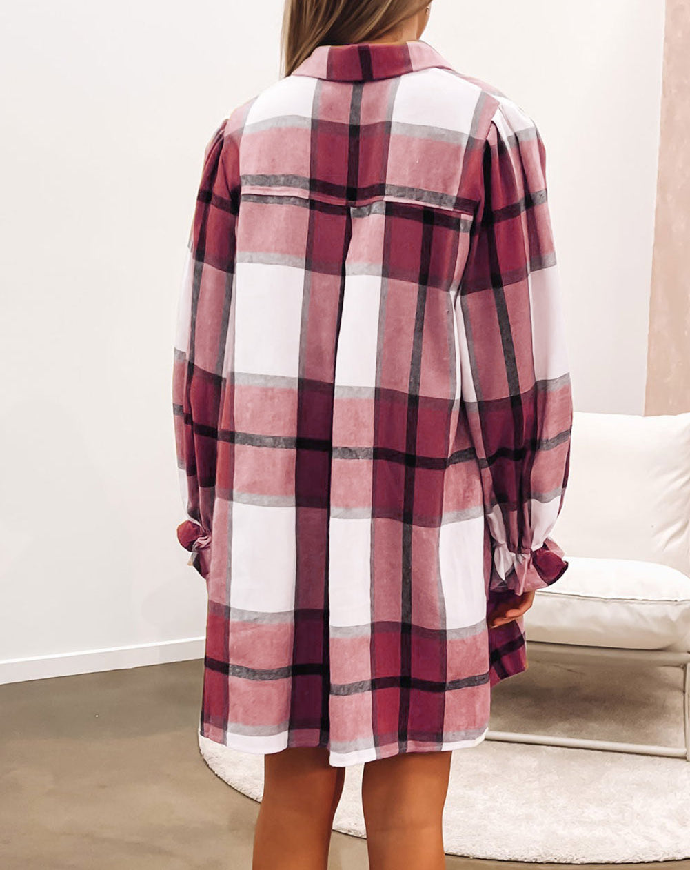 Plaid Pattern Collared Neck Ruffled Sleeve Shirt Dress