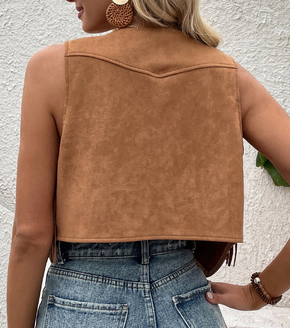 Fringed Snap Button Front Suedette Vest
