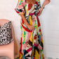 Square Neck Smocked Abstract Print Boho Maxi Dress