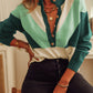 Geometric Color Block Knit Button V Neck Sweater