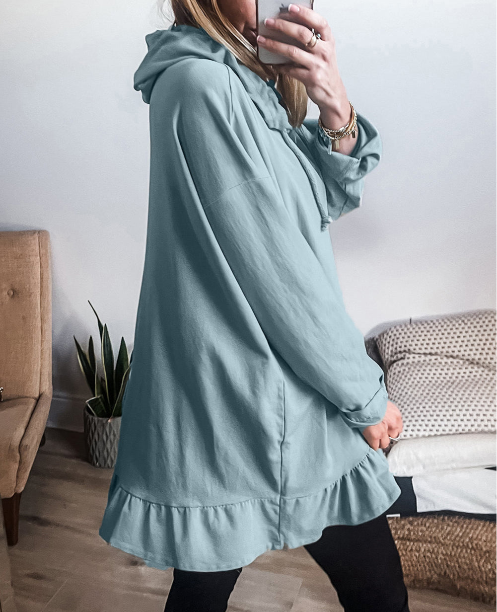 Solid Ruffled Hem Loose Fit Tunic Hoodie