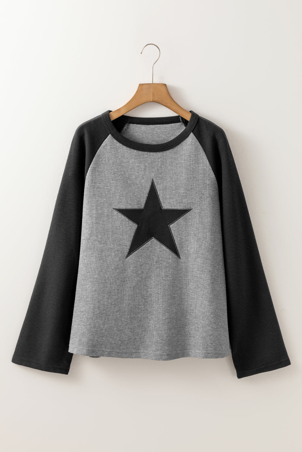 Waffle Knit Colorblock Star Patch Graphic Raglan Top