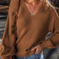 Ribbed Knit Drop Sleeve V Neck Loose Fit Sweater