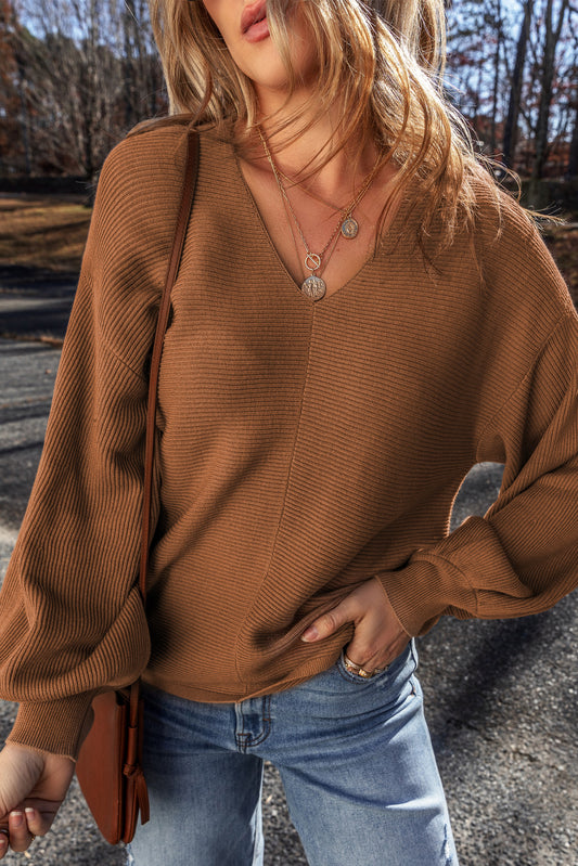 Ribbed Knit Drop Sleeve V Neck Loose Fit Sweater