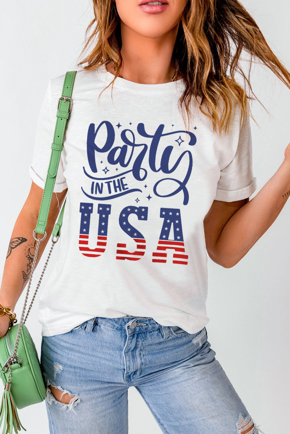 Party In the USA Flag Print Crew Neck Graphic Tee
