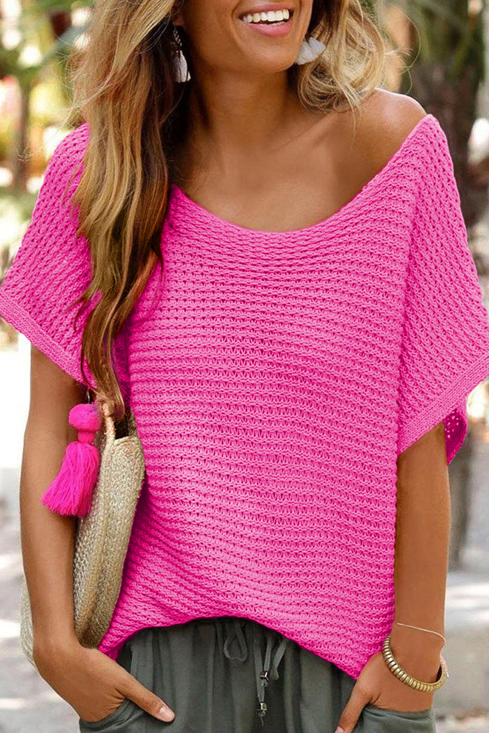 Clay Solid Loose Knit Short Dolman Sleeve Sweater