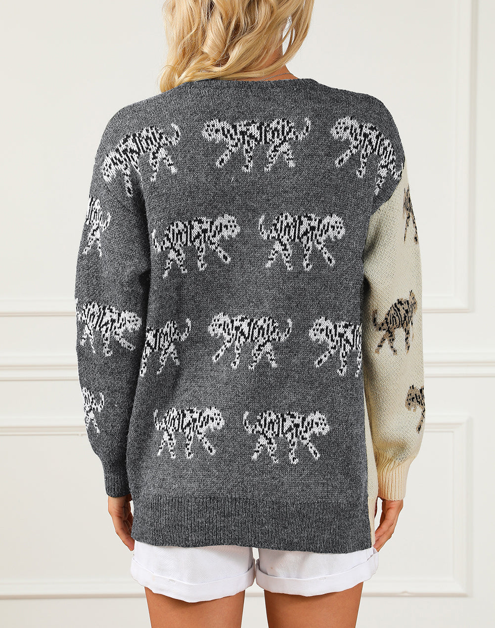 Animal Print Colorblock Open Front Cardigan