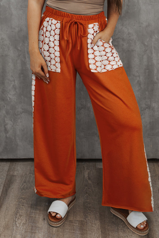 Plus Size Floral Crochet Patch Drawstring Wide Leg Pants