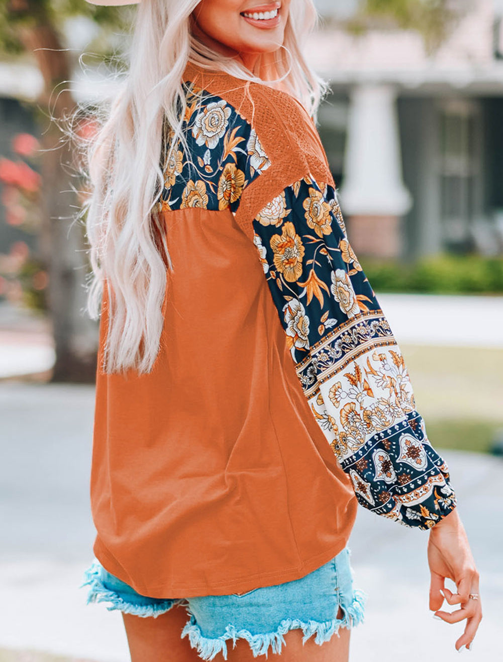 Fall Pumpkin Graphic Boho Balloon Sleeve Top