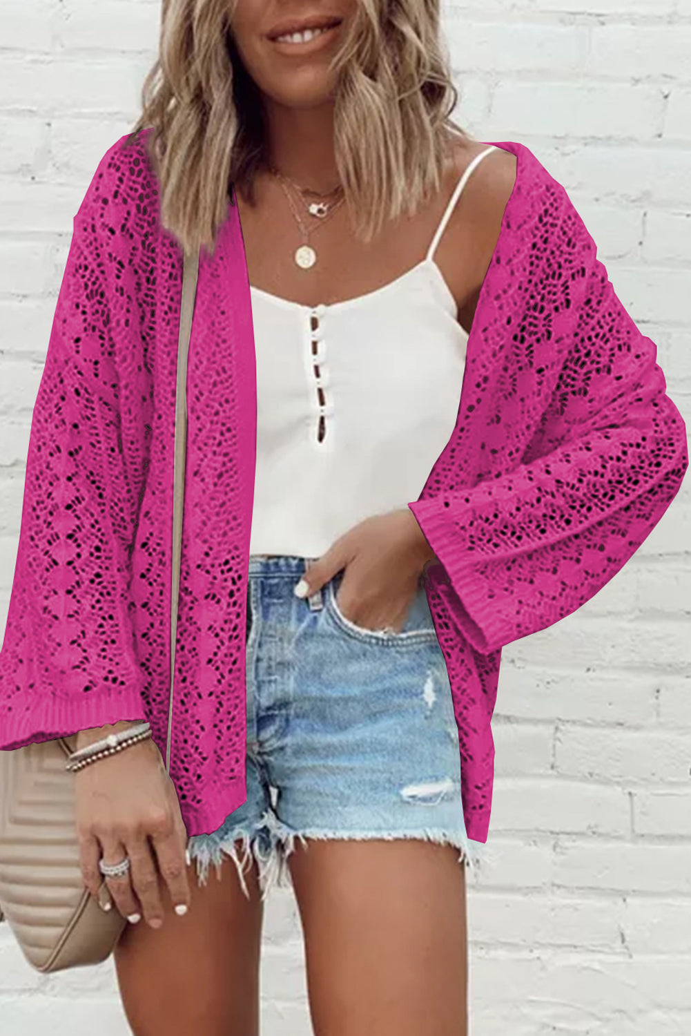 Hollow Out Knit Drop Shoulder Open Front Cardigan
