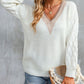 Cable Puff Sleeve Lace V Neck Sweater