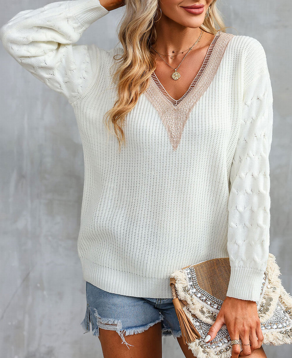 Cable Puff Sleeve Lace V Neck Sweater
